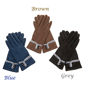 Gloves Suede Effect Fur Trim Blue Gloves